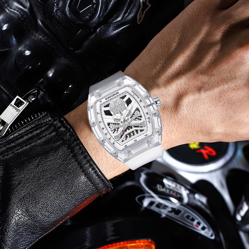 KIMSDUN K-2016A Automatické mechanické skeleton hodinky pre mužov, priehľadný valcovitý korpus s dizajnom lebky