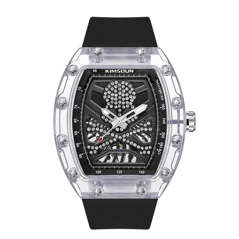 KIMSDUN K-2016A Automatické mechanické skeleton hodinky pre mužov, priehľadný valcovitý korpus s dizajnom lebky
