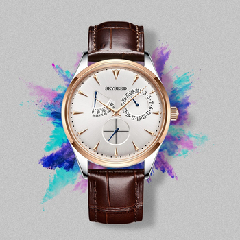 Skyseed pánske multimódové automatické mechanické hodinky, biznis casual štýl, 42 mm puzdro z nehrdzavejúcej ocele, kožený remienok, 50 m vodotesnosť