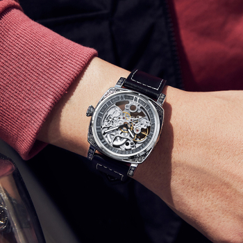 Pánske automatické skeleton hodinky s vyrezávaným kovovým púzdrom, luminiscenčný ciferník, 30 m vodotesnosť, bežné luxusné hodinky