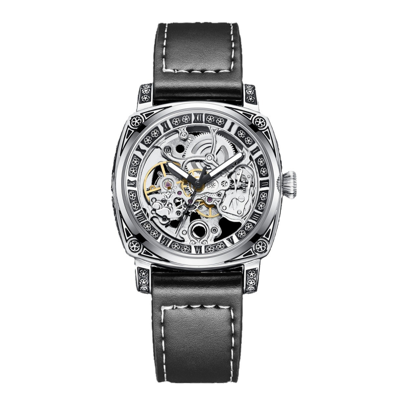 Pánske automatické skeleton hodinky s vyrezávaným kovovým púzdrom, luminiscenčný ciferník, 30 m vodotesnosť, bežné luxusné hodinky
