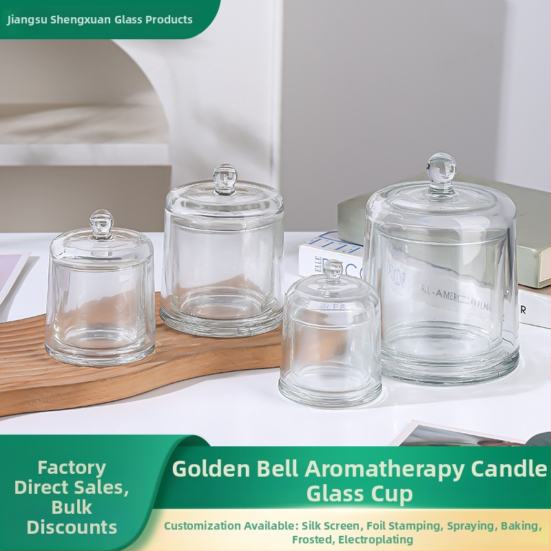 Priehľadný sklenený pohár na sviečky s pozláteným zvonovým viečkom pre aromatické sviečky
