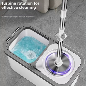 Rotirajući mop za kućnu upotrebu s bezdotičnim cijeđenjem i automatskim centrifugiranjem, mikrofiber glava, šipka od nehrđajućeg čelika