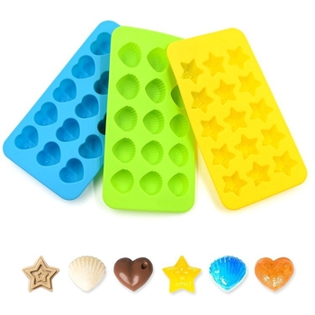 Set od tri silikonske forme s motivima zvijezde, srca i školjke – silikon visoke kvalitete za pečenje kolača i keksa; također za čokoladu, žele, puding i ledene kocke.