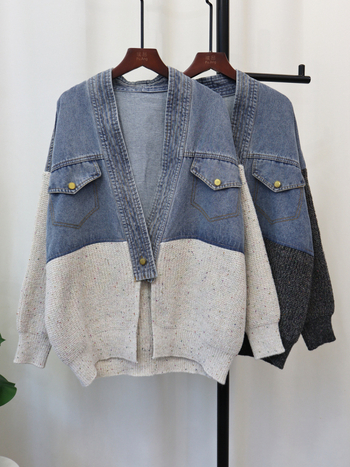 Γυναικεία πλεκτή ζακέτα με denim patchwork σχέδιο, φαρδιά γραμμή, φθινόπωρο-χειμώνας 2025, σε στυλ Κορέας