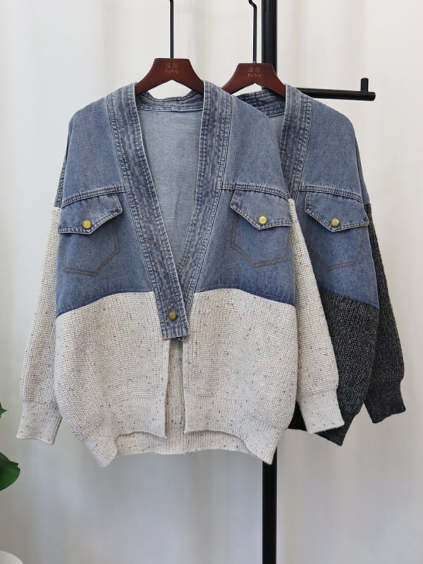Γυναικεία πλεκτή ζακέτα με denim patchwork σχέδιο, φαρδιά γραμμή, φθινόπωρο-χειμώνας 2025, σε στυλ Κορέας