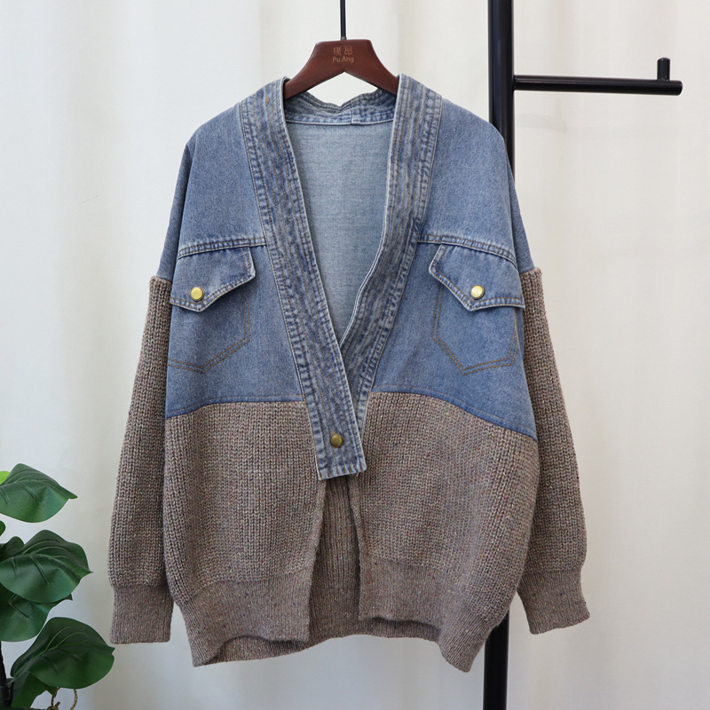 Γυναικεία πλεκτή ζακέτα με denim patchwork σχέδιο, φαρδιά γραμμή, φθινόπωρο-χειμώνας 2025, σε στυλ Κορέας