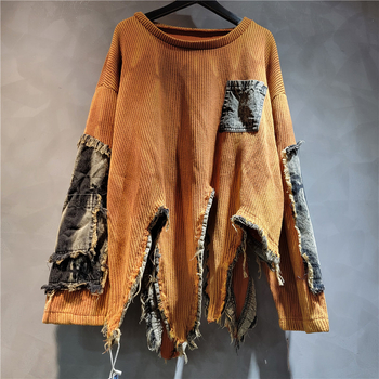 Nepravilno spojeni pleteni džemper s tie-dye printom, vintage istrošenosti efekt, dugi rukav, ženski komad za jesen i zimu