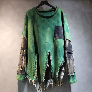 Nepravilno spojeni pleteni džemper s tie-dye printom, vintage istrošenosti efekt, dugi rukav, ženski komad za jesen i zimu