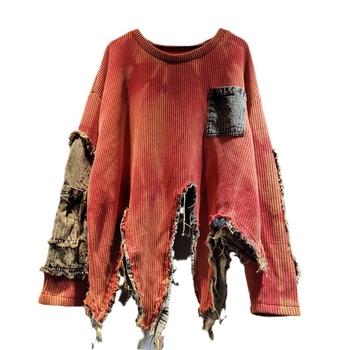 Nepravilno spojeni pleteni džemper s tie-dye printom, vintage istrošenosti efekt, dugi rukav, ženski komad za jesen i zimu