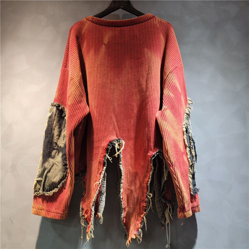 Nepravilno spojeni pleteni džemper s tie-dye printom, vintage istrošenosti efekt, dugi rukav, ženski komad za jesen i zimu
