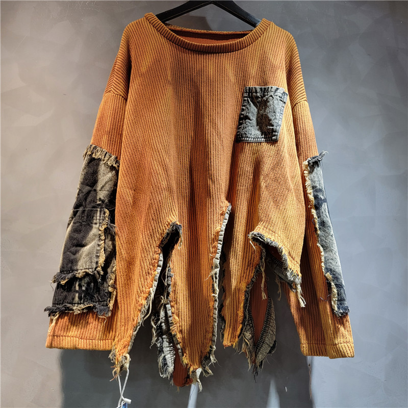 Nepravilno spojeni pleteni džemper s tie-dye printom, vintage istrošenosti efekt, dugi rukav, ženski komad za jesen i zimu