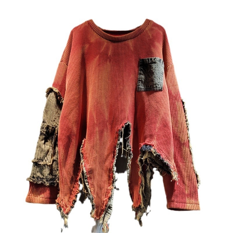 Nepravilno spojeni pleteni džemper s tie-dye printom, vintage istrošenosti efekt, dugi rukav, ženski komad za jesen i zimu