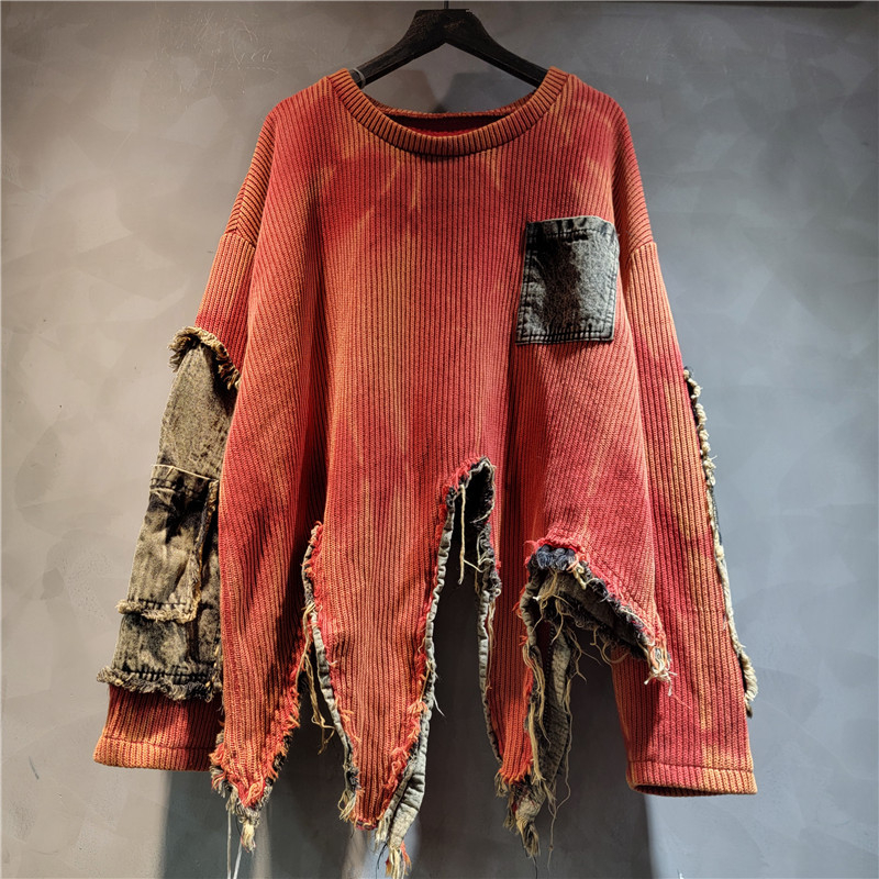Nepravilno spojeni pleteni džemper s tie-dye printom, vintage istrošenosti efekt, dugi rukav, ženski komad za jesen i zimu