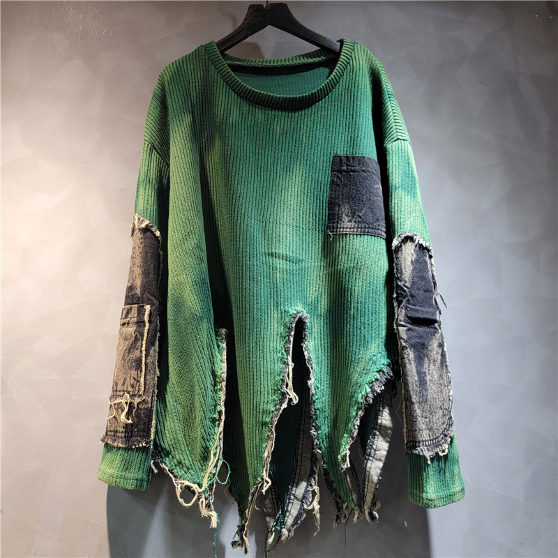 Nepravilno spojeni pleteni džemper s tie-dye printom, vintage istrošenosti efekt, dugi rukav, ženski komad za jesen i zimu