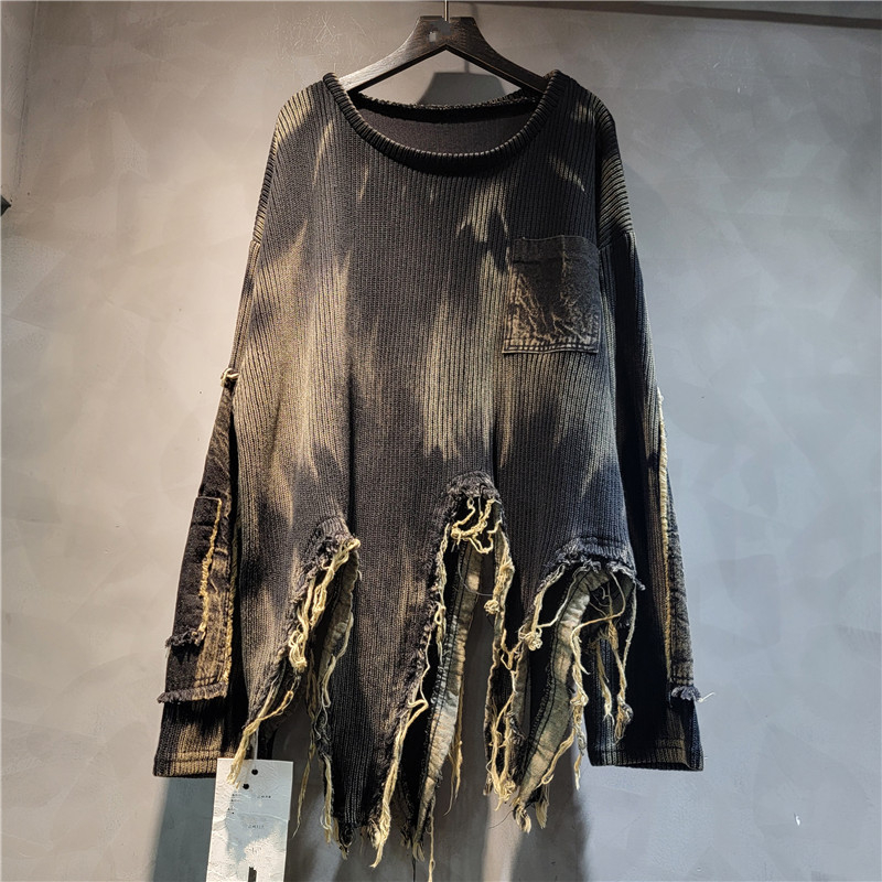 Nepravilno spojeni pleteni džemper s tie-dye printom, vintage istrošenosti efekt, dugi rukav, ženski komad za jesen i zimu