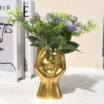 Držač olovaka i vaza od smole s motivom dvije ruke koje drže lice, dekor za dom i ured