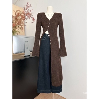 Francuski vintage pleteni dugi kardigan, iznad koljena, uski kroj, jesen-zima