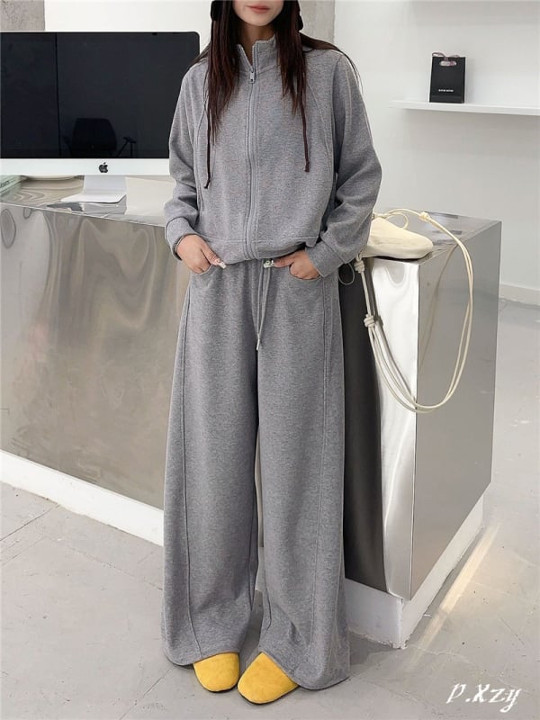 018 Proljeće: Korejski stil, jednobojna dukserica s patentnim zatvaračem i stojećim ovratnikom te ravne hlače, ženski casual set Mochi Velvet