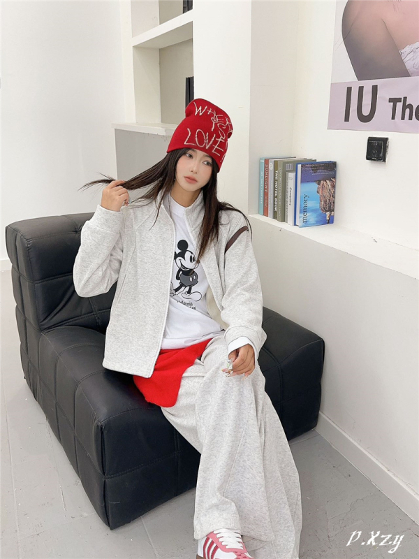 018 Proljeće: Korejski stil, jednobojna dukserica s patentnim zatvaračem i stojećim ovratnikom te ravne hlače, ženski casual set Mochi Velvet