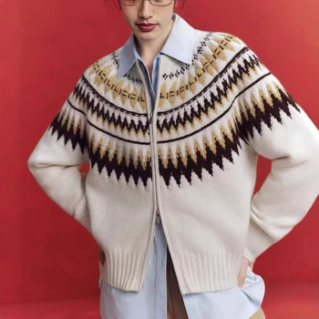 Damski kardigan od merino vune s zipom, Fair Isle cvjetni uzorak, rana jesen 2026