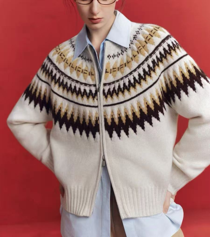 Damski kardigan od merino vune s zipom, Fair Isle cvjetni uzorak, rana jesen 2026
