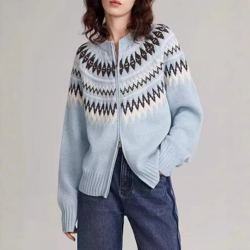 Damski kardigan od merino vune s zipom, Fair Isle cvjetni uzorak, rana jesen 2026