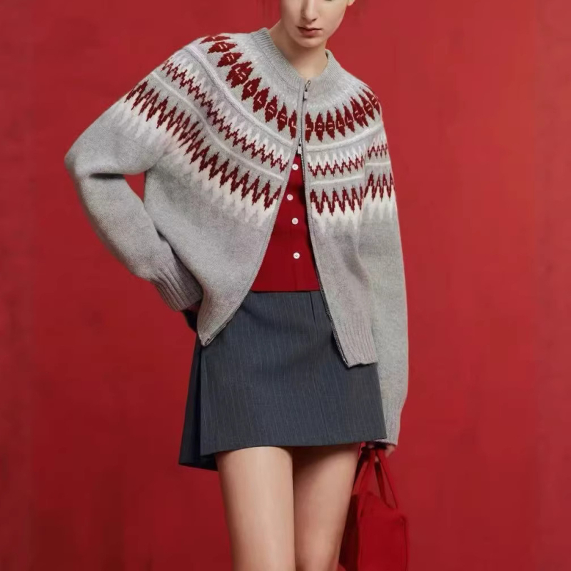 Damski kardigan od merino vune s zipom, Fair Isle cvjetni uzorak, rana jesen 2026