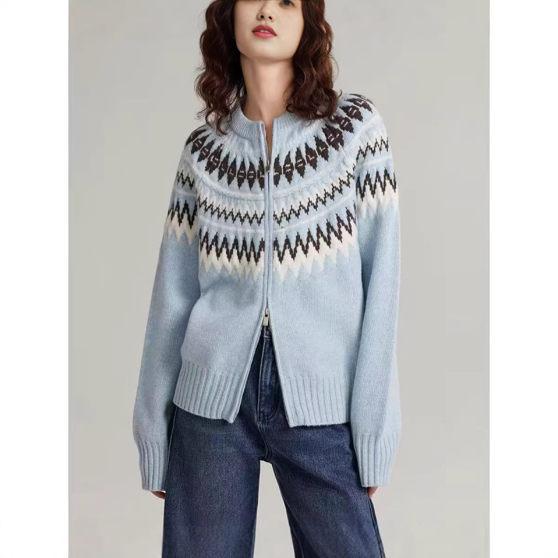 Damski kardigan od merino vune s zipom, Fair Isle cvjetni uzorak, rana jesen 2026