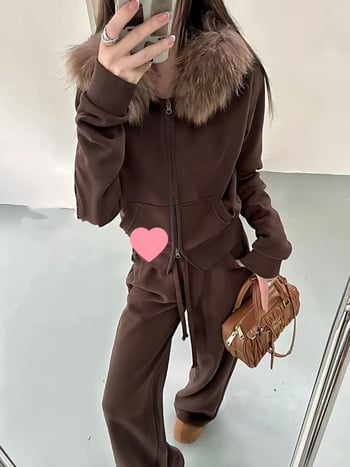 Ženski jesensko-zimski dvodijelni set s kragnom od krzna i debelim fleeceom, smeđa, retro sportski stil, udoban dvodijelni komplet