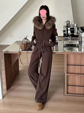 Ženski jesensko-zimski dvodijelni set s kragnom od krzna i debelim fleeceom, smeđa, retro sportski stil, udoban dvodijelni komplet