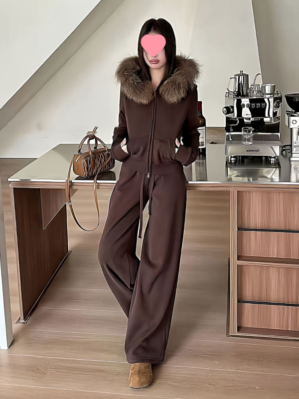 Ženski jesensko-zimski dvodijelni set s kragnom od krzna i debelim fleeceom, smeđa, retro sportski stil, udoban dvodijelni komplet