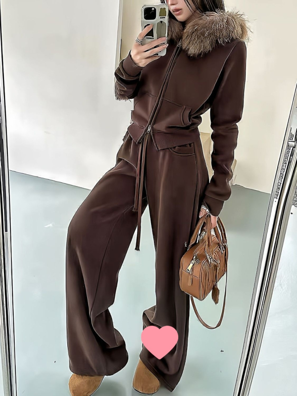 Ženski jesensko-zimski dvodijelni set s kragnom od krzna i debelim fleeceom, smeđa, retro sportski stil, udoban dvodijelni komplet