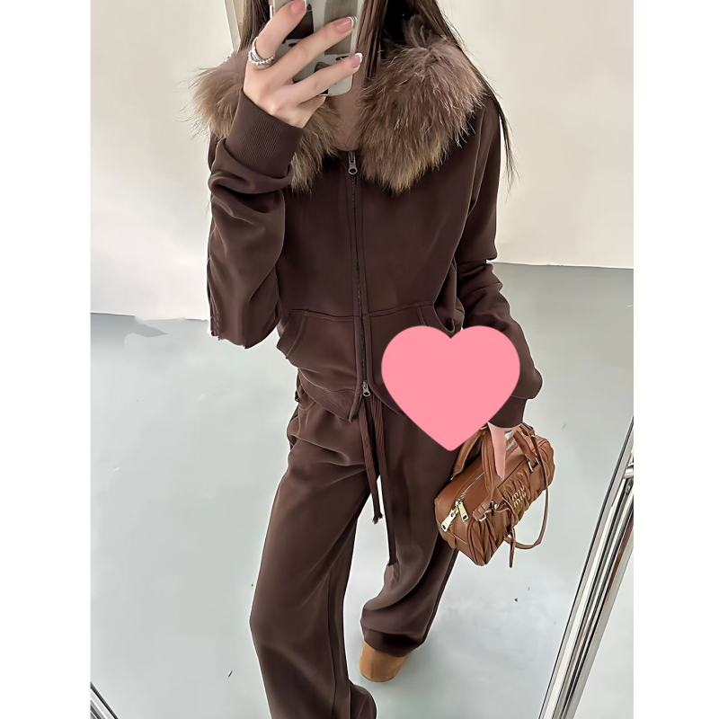 Ženski jesensko-zimski dvodijelni set s kragnom od krzna i debelim fleeceom, smeđa, retro sportski stil, udoban dvodijelni komplet