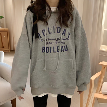 Ženski lagani hoodie s kapuljom – široki kroj, korejski stil, tisak s riječima, duge rukave, srednja duljina, jesen 2024