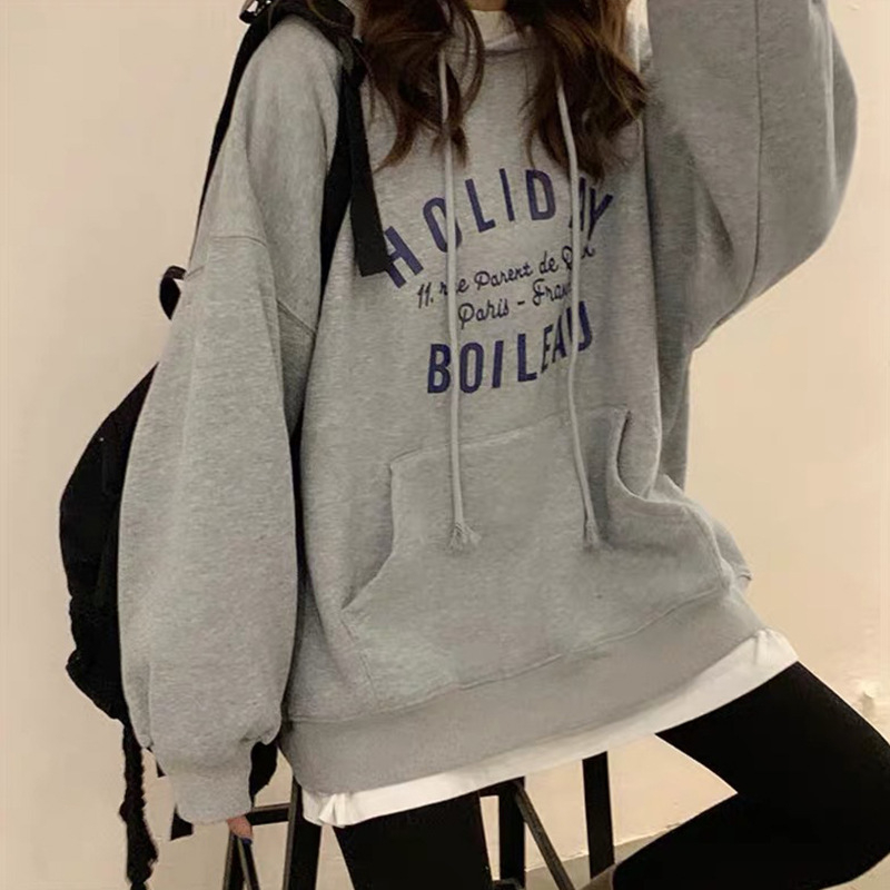 Ženski lagani hoodie s kapuljom – široki kroj, korejski stil, tisak s riječima, duge rukave, srednja duljina, jesen 2024