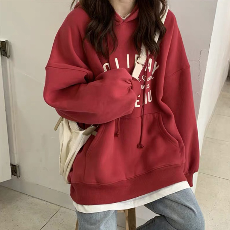 Ženski lagani hoodie s kapuljom – široki kroj, korejski stil, tisak s riječima, duge rukave, srednja duljina, jesen 2024