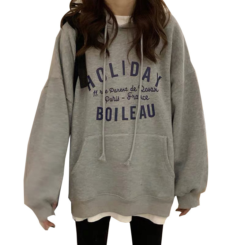 Ženski lagani hoodie s kapuljom – široki kroj, korejski stil, tisak s riječima, duge rukave, srednja duljina, jesen 2024