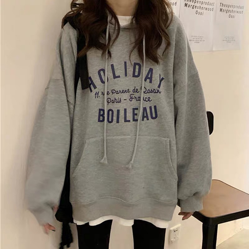 Ženski lagani hoodie s kapuljom – široki kroj, korejski stil, tisak s riječima, duge rukave, srednja duljina, jesen 2024