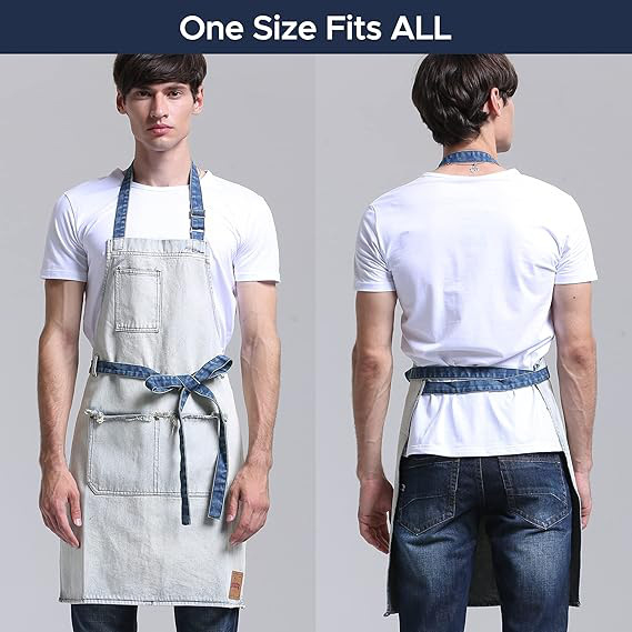 100% pamuk denim pregača, oprana denim pregača, za kavu i pečenje, kuhinju, vrt i keramiku, prilagodljiva