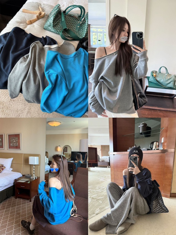 Superniniyy Tipsy Mi Lu off-shoulder i slanted-shoulder, opuštena silueta, dugi rukavi, sweatshirt-top