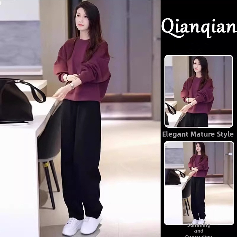 2026 rana jesen za žene plus veličine: dvodjelni set s puloverom s okruglim izrezom i hlačama, casual elegantan stil