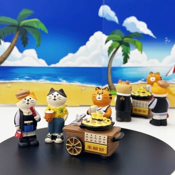 Zakka slatka mačka i djevojka s noćnog tržišta uz roštilj – mini scena od smole za dekoraciju krajolika
