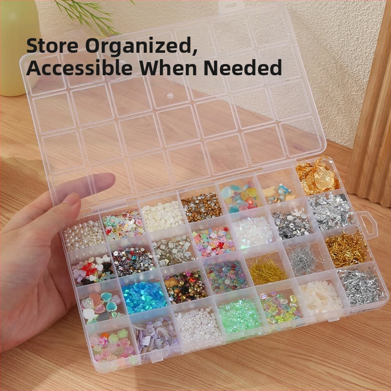 Plastová úložná krabička s 28 priehradkami, jednoradová, s viečkom, na korálky, šperky a DIY projekty