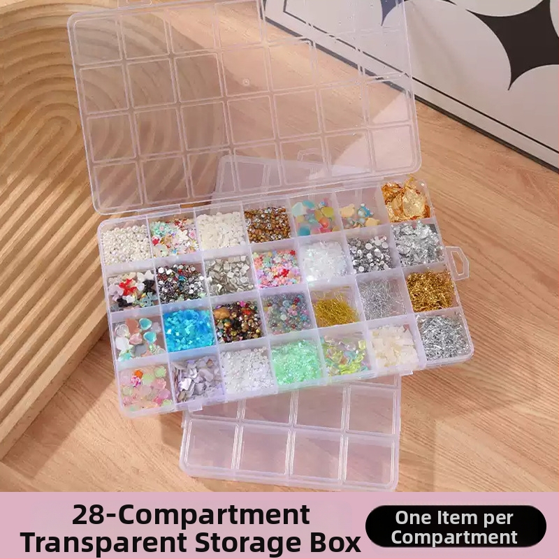 Plastová úložná krabička s 28 priehradkami, jednoradová, s viečkom, na korálky, šperky a DIY projekty