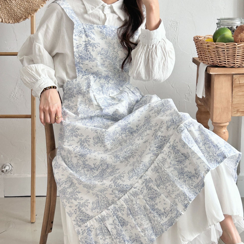 Bez rukava kuhinjska pregača od 100% pamuka, korejski stil, pejzažni uzorak, Village Girl, za svakodnevnu kućnu upotrebu