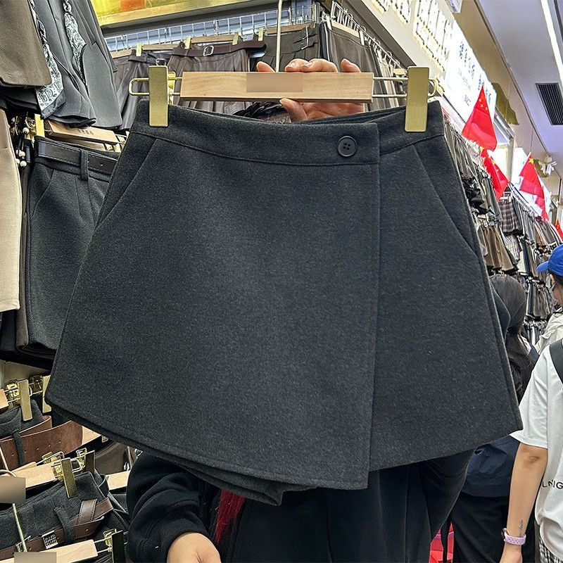 Ženske culotte hlače od vune, visoki struk, A-linije širokih nogavica, modni casual komad za jesen i zimu
