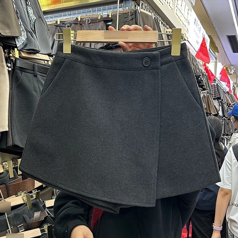 Ženske culotte hlače od vune, visoki struk, A-linije širokih nogavica, modni casual komad za jesen i zimu