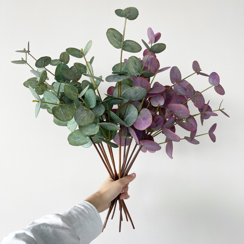 Verde artificial cu textură 3D a frunzelor de eucalipt, tijă PVC cu trei ramuri, înălțime 30–100 cm, pentru nunți, decor fotografic și amenajare de casă