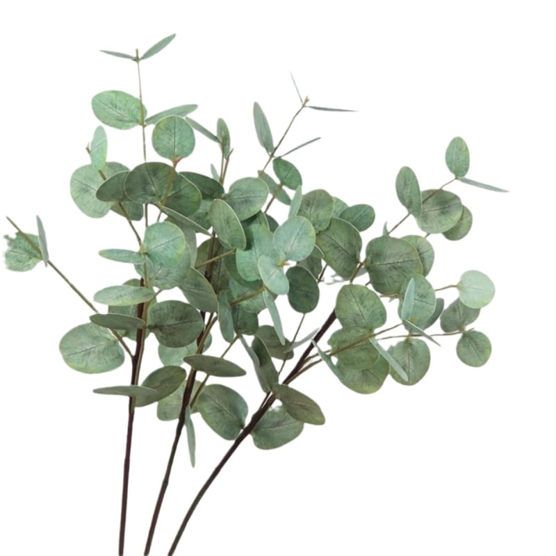 Verde artificial cu textură 3D a frunzelor de eucalipt, tijă PVC cu trei ramuri, înălțime 30–100 cm, pentru nunți, decor fotografic și amenajare de casă